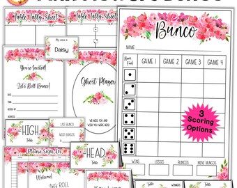 May include: Printable pink floral Bunco game set with scorecards, table numbers, and a welcome sign. The set includes a table tally sheet, a ghost player card, a sign that says "You're Invited! Let's Roll Bunco!" and a sign that says "Welcome! Let's Roll Bunco!"