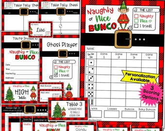 Christmas Bunco BUNDLE 27pgs December Bunco Score Cards Tally Sheets Table Numbers,Invitations Ghost Player Prize Tags MORE