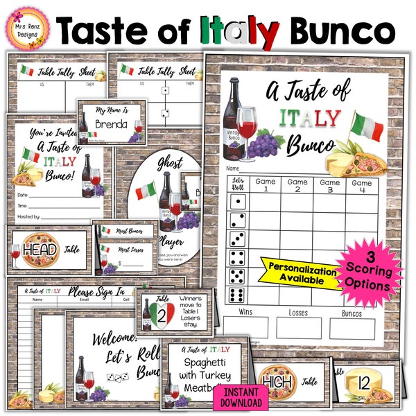 A Taste of Italy Bunco BUNDLE 27pgs Italian Theme Bunco Cards Tally Sheets Table Numbers Invitations Ghost Door Signs Food Cards Name Tags