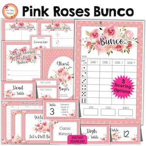 Pink Floral Bunco Party Bundle: Score Cards, Invitations (Digital Download)