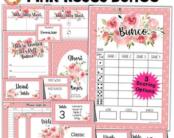 May include: Pink and white floral themed printable Bunco game set with scorecards, table numbers, and a sign-in sheet. The set includes the text "Pink Roses Bunco" and "Let's Roll Bunco!"