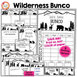 Lot de bunco animaux de la nature n'importe quel mois Feuilles de pointage Bunco Tableau des nombres Feuilles de pointage Panneaux d'invitation Étiquettes de prix Panneaux de bienvenue Porte-nom