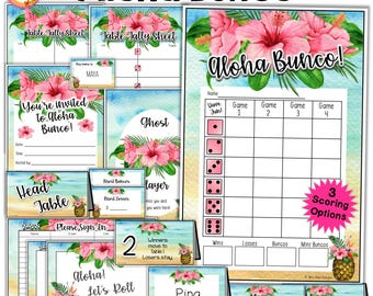 Aloha Bunco Scorecards Party Bundle: Hawaiian Hibiscus Printables (Digital Download)