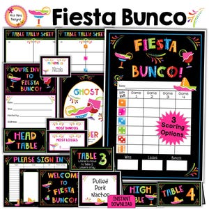 Pacote Bunco Cinco de Mayo Fiesta Bunco Cartões de pontuação Folhas de contagem Números de mesa Convites Cartões de comida fantasma Etiquetas de prêmio Placas de boas-vindas Crachá