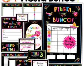 May include: A printable set of fiesta themed bunco game cards. The cards are black with colorful accents and feature text like "Fiesta Bunco!" and "Table 4".
