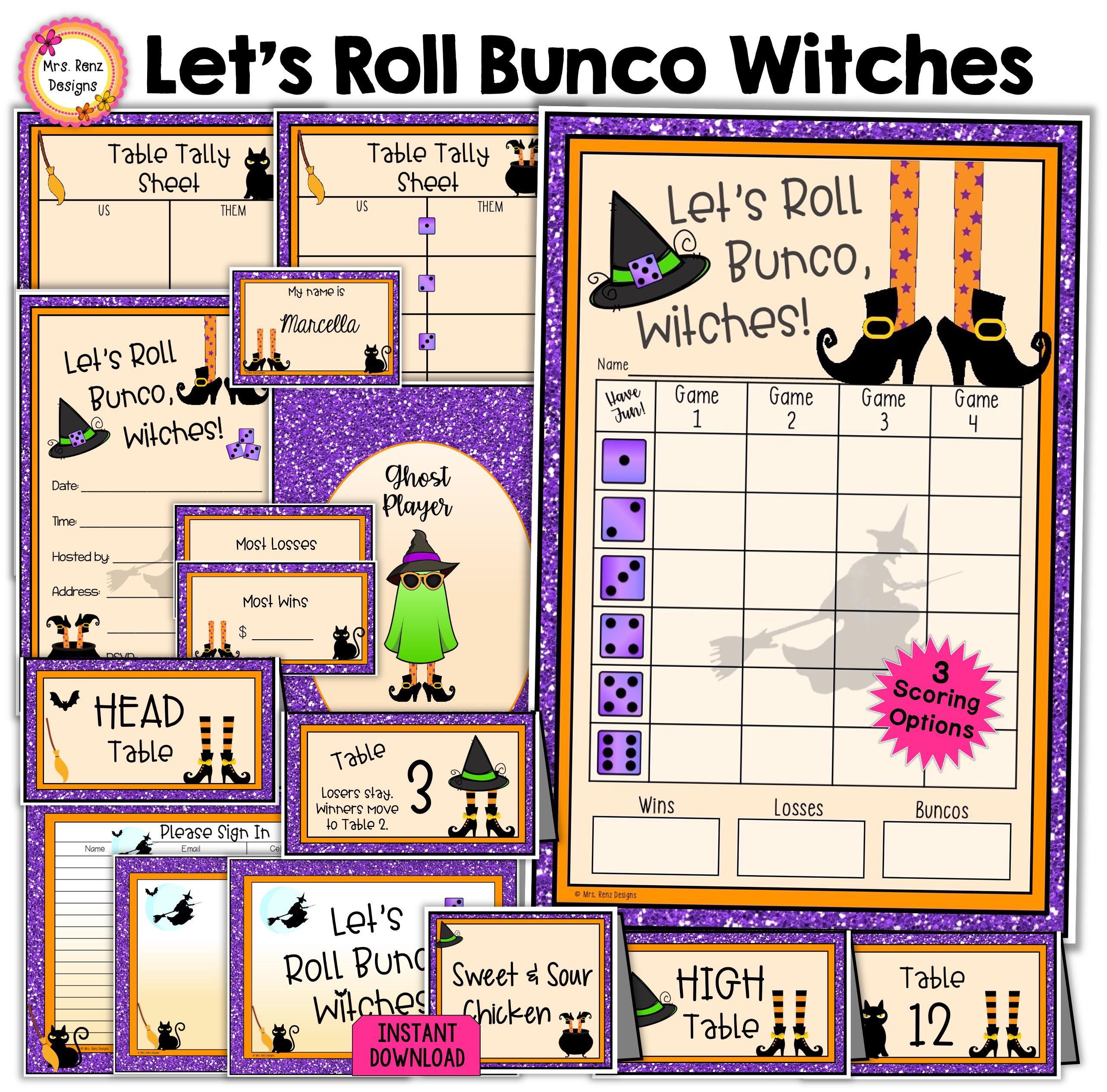 Lot Bunco d'octobre, 27 pages, Halloween, cartes de pointage Bunco, feuilles de pointage, numéros de table, invitations, cartes de nourriture de joueur fantôme, étiquettes de nom, étiquettes de prix
