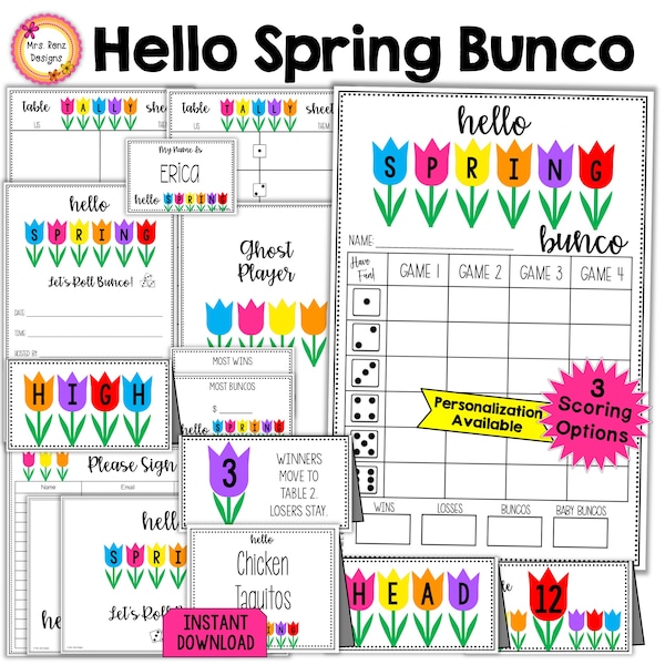 Hello Spring Bunco Bundle 27pgs Bunco Scorecards Tally Sheets Table Numbers Invitations Name Tags Welcome Sign Food Cards Prize Tags More