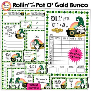 St Patrick&#39;s Bunco Bundle 25pgs Rollin for the Pot O Gold Score Sheets Table Numbers Tally Sheets Invites Ghost Food Cards Prize Tags Signs