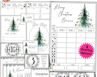 Könnte beinhalten: Gedrucktes Set für das Weihnachts-Bunco-Spiel mit einem festlichen Aquarell-Design. Enthält Punktetafeln, Tischnummern und eine "Ghost Player"-Karte. Das Set zeigt einen Weihnachtsbaum mit Lichtern und die Aufschrift "Let's Roll!".