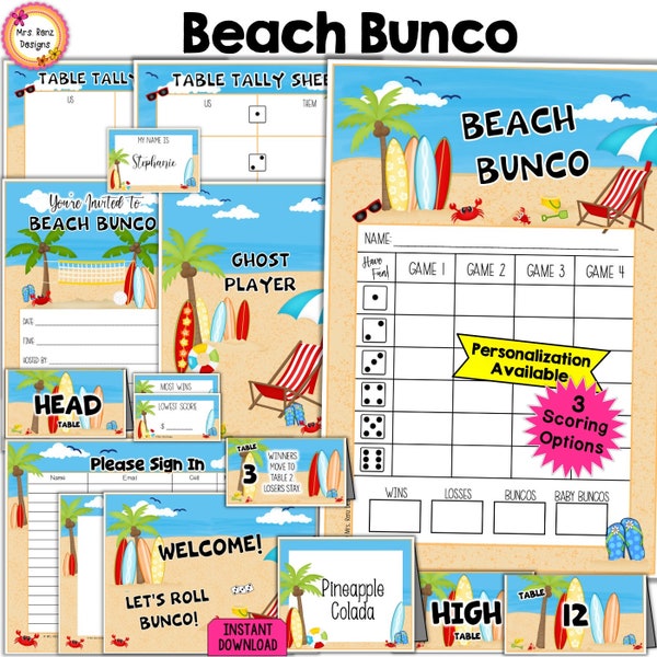 Beach Bunco Bundle 27pgs Summer Surfing Theme Scorecards Tally Sheets Invitations Table Numbers Prize Tags Invitations Signs Name Tags More