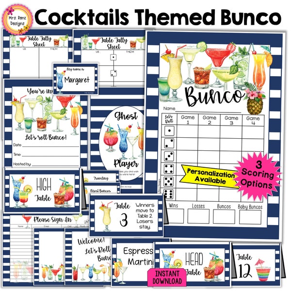 Cocktails Theme Bunco Bundle 27pgs Bunco Scorecards Tally Sheets Table Numbers Food Cards Welcome Sign Prize Tags Sign In Chart Name Tags