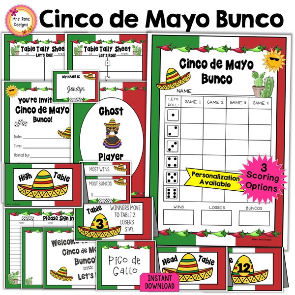 Cinco de Mayo Bunco 27pgs Bunco Score Cards Table Cards Invitations Table Number Score Cards Moving Directions Party Food Cards Signs &MORE!