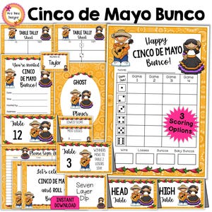 Pacote Bunco Cinco de Mayo 27pgs Bunco Score Cards Tally Sheets Números de mesa Convites Ghost Party Food Cards Etiquetas de nome Placa de boas-vindas Mais
