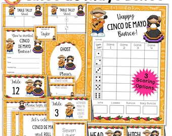 May include: A set of printable Cinco de Mayo Bunco game cards featuring a yellow background with a colorful pattern. The cards include a table tally sheet, a player scorecard, a table number card, a sign-in sheet, and a game instruction card. The cards feature illustrations of people in traditional Mexican clothing playing music.