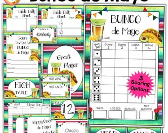 May include: Printable game cards for a Bunco de Mayo party. The cards feature a green, white, and red striped background with images of tacos, limes, and tequila shots. The text on the cards includes "Bunco de Mayo", "Game 1", "Game 2", "Game 3", "Game 4", "Wins", "Losses", "Buncos", "Mini Buncos", "Head Table", "Table 3", "Losers stay, Winners move to Table 2", "Ghost Player", "Most Wins", "Most Buncos", "Table 12", "Classic Margaritas", "Happy Cinco de Mayo", "Let's Roll Bunco", "Please Sign", "You're Invited to Bunco de Mayo", "Date", "Time", "Hosted by", "Address", "My Name is Kimberly", "Table Tally Sheet", "US", "THE", "US", "THEM", "Have Fun!" and "3 Scoring Options".