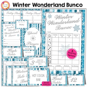 Kit para fiesta de Bunco de invierno: Tarjetas de puntuación de copos de nieve, invitaciones y etiquetas de premios (Descarga en PDF)