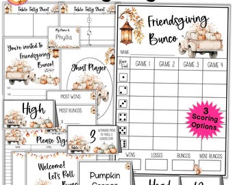Könnte beinhalten: Druckbarer Friendsgiving Bunco-Spiele-Set mit Herbstthema. Das Set enthält eine Punktetabelle, Tischkarten und ein Willkommenszeichen. Das Design zeigt einen weißen LKW mit Kürbissen und Herbstblättern.