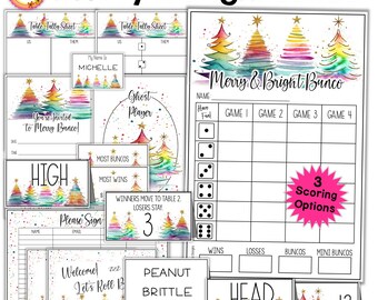 May include: A collection of printable Bunco game materials with a Christmas theme. The designs feature colorful watercolor Christmas trees and gold accents. Includes score sheets, welcome signs, and other game elements. The text "Merry & Bright Bunco" is displayed.