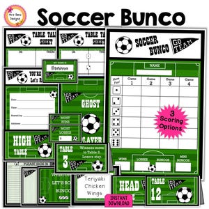 Soccer Bunco Bundle Score Sheets Tally Sheets Table Numbers w Moving Directions Invitations Ghost Prize Tags Welcome Signs Party Kit