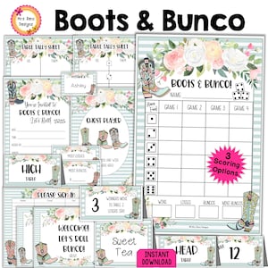 Cartões de pontuação de botas country western e bunco, números de mesa, convites, jogador fantasma, instruções de movimento, cartões de comida para festa, crachás, crachás de prêmio