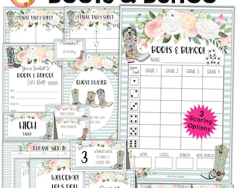 Country Western Boots and Bunco Score Cards Table Numbers Invitations Ghost Player Moving Directions Party Food Cards Name Tags Prize Tags