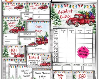May include: A set of printable game cards for a Holiday Bunco game. The cards feature a red truck with Christmas decorations and a white background with a woodgrain texture. The cards include a table tally sheet, a ghost player card, a high table card, a table 3 card, a welcome card, a Swiss cheese and ham quiche card, a table 12 card, and a head table card.
