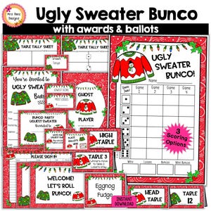 Ugly Christmas Sweater Bunco and Awards Bundle of December Bunco Scorecards Table Numbers Invites Tally Sheets Ugliest Sweater Award Signs