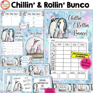 Paquete Bunco de invierno de 25 páginas Hojas de puntuación de Bunco con temática de pingüinos de enero Números de mesa Tarjetas de conteo Invitaciones Etiquetas de premios Tarjetas de comida fantasma Más