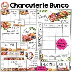 Tabla de charcutería Bunco Bundle 27pgs Divertida noche de Bunco Tarjetas de puntuación imprimibles Hojas de conteo Números de mesa Invitaciones Tarjetas de comida Etiquetas de nombre Más