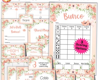 May include: Peach-themed printable game cards for a Bunco party. The cards feature peach blossoms, butterflies, and the words "Let's Roll Bunco!" and "Ghost Play".