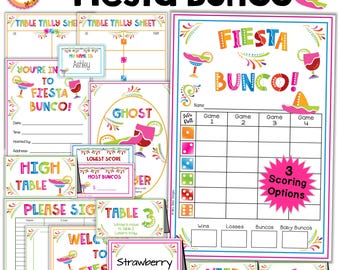 May include: Printable Fiesta Bunco game set with colorful Mexican-themed designs. Includes scorecards, table numbers, and a "You're in to Fiesta Bunco!" sign.  The game features 3 scoring options and a "Ghost" card.