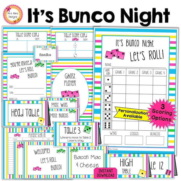 Bunco Night Bundle 27pgs Bunco Score Cards Table Numbers Tally Sheets Invitations Ghost Prize Tags Name Tags Signs Food Cards Table Cards