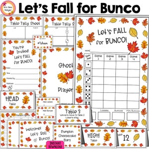 Fall Bunco BUNDLE 27pgs Bunco Score Sheets Tally Sheets Table Numbers Moving Directions Ghost Player Party Food Cards Prize Tags Signs &More