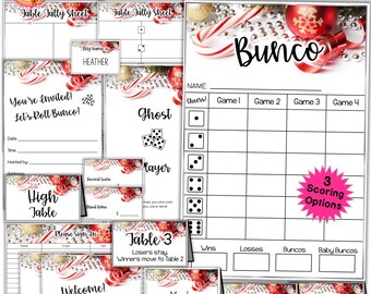 Könnte beinhalten: Weihnachts-Bunco-Spiel-Druckset mit einem roten und weißen Zuckerstangen- und roten Ornament-Thema. Das Set enthält ein Willkommenszeichen, Tisch-Zählblätter, Punktetafeln und ein Tischnummernschild. Der Text "Sofortiger Download" ist auf dem Druckset enthalten.