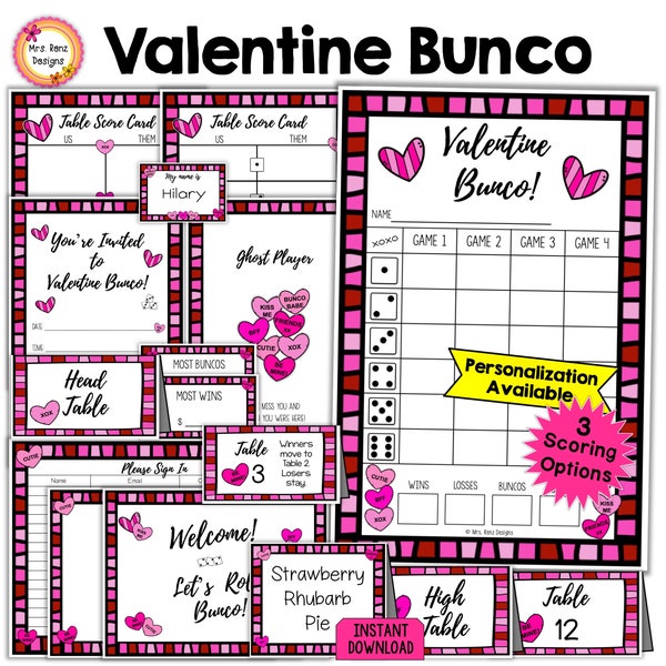 Valentine Bunco Bundle 27pgs February Bunco Scorecards Table Numbers Invitations Ghost Player Moving Directions Food Cards Signs Prize Tags