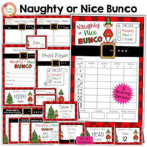 Kerst Bunco-feestpakket Bunco-scorekaarten voor december Notitiebladen Tafelnummers Uitnodigingen Ghost Player Prijskaartjes Welkomstborden Naamkaartjes