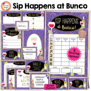 Wine Themed Bunco Scorecards Tally Sheets Table Numbers w Moving Directions Prize Tags Invitations Ghost Food Cards & More Party Kit Bundle