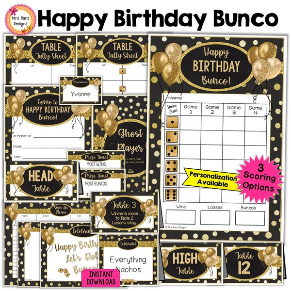Happy Birthday Bunco BUNDLE 27pgs Bunco Score Sheets Tally Sheets Invitations Ghost Prize Tags Welcome Signs Nametags Table Numbers MORE