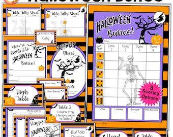 Lot Halloween Bunco Cartes de pointage Bunco Feuilles de pointage Numéros de table Instructions de déplacement Invitations Cartes de nourriture Panneaux de bienvenue de joueur fantôme