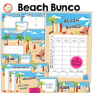 Strandbundel Bunco Zomer Surfen Thema Scorekaarten Notitieblaadjes Uitnodigingen Tafelnummers Prijskaartjes Uitnodigingen Borden Naamkaartjes Voedselkaarten