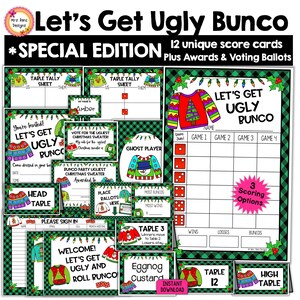 Lelijke kersttrui Bunco Special Edition Bundel Scorecards Notitievellen Tafelnummers Prijsborden Prijskaartjes Voedselkaarten Naamkaartjes