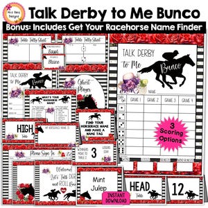 Talk Derby to Me paardenrace bunco 30pgs scorecards notitieblaadjes tabelnummers uitnodigingen welkomstbord feest etenskaarten prijs paardenrace naam