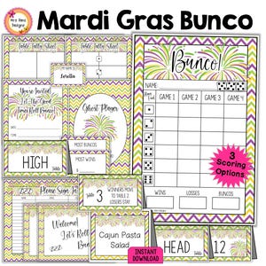 Mardi Gras Bunco Bundle of Scorecards Tally Sheets Invitations Table Numbers Ghost Food Cards Welcome Door Sign Prize Tags Name Tags & More