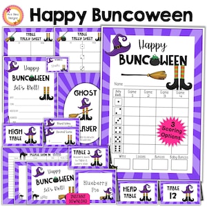 Halloween Bunco Bundle Witch Theme Bunco Score Sheets Table Tally Sheets Table Numbers Invitations Ghost Cards Prize Tags Food Cards