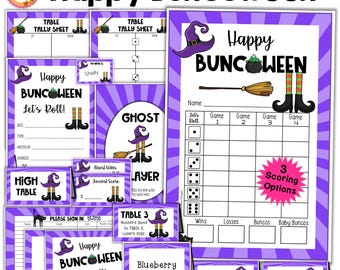 Lot Halloween Bunco Feuilles de pointage Bunco sur le thème de la sorcière Feuilles de pointage de table Invitations de numéros de table Cartes fantômes Étiquettes pour prix Cartes aliments