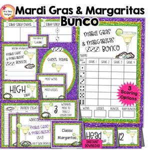 Mardi Gras & Margaritas Bunco Bundle of Scorecards Tally Sheets Table Numbers Invitations Ghost Food Cards Prize Tags Name Tags Welcome Sign