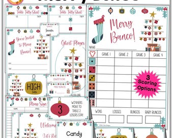 Könnte beinhalten: Druckbarer Bunco-Spiele-Set zum Thema Weihnachten mit einem festlichen Weihnachtsbaum-Design. Enthält ein Tisch-Tally-Blatt, ein Geister-Spieler-Blatt, eine Punktekarte, ein Willkommens-Schild, ein High-Table-Schild, ein Bitte-Schild, ein Tischnummer-Schild und ein Head-Table-Schild. Das Set ist in den Farben Rot, Grün und Weiß gehalten und mit verschiedenen Weihnachtsornamenten verziert.