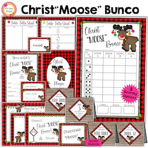 Kerst bunco BUNDEL Buffalo geruite scorekaarten Tabelnummers met routebeschrijving Voedselkaarten Notitievellen Borden Naamkaartjes Ghost-prijskaartjes
