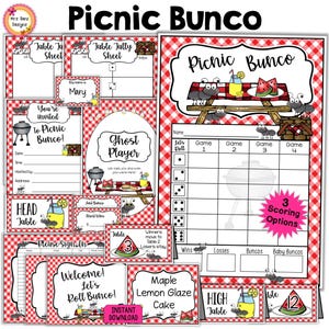 PAQUETE Bunco de verano Tarjetas de puntuación de Bunco de picnic Hojas de recuento de mesa Números de mesa Invitaciones Tarjetas de comida fantasma Etiquetas con nombres Letreros para puertas Etiquetas de premios