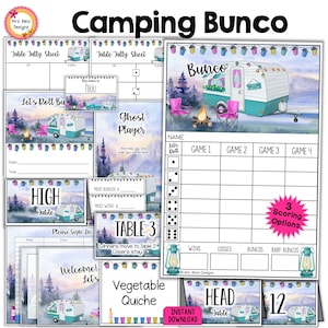 Lot Bunco sur le thème du camping, 27 pages, feuilles de pointage Bunco d'été, numéros de tableaux, feuilles de pointage, invitations, joueur fantôme, cartes de plats de fête et PLUS